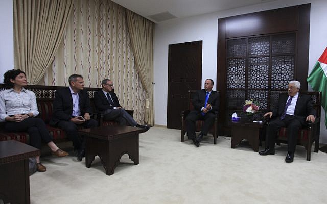 President of the Palestinian Authority Mahmoud Abbas (R) meets with Israeli parliament members in the West Bank city of Ramallah on April 16, 2014. (photo credit: Issam Rimawi/Flash90) President of the Palestinian Authority Mahmoud Abbas (R) meets with Israeli parliament members in the West Bank city of Ramallah on April 16, 2014. (photo credit: Issam Rimawi/Flash90)