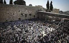 Jewish worshipers cover themselves with prayer shawls during the Passover priestly blessing ceremony as they pray at the Western Wall in Jerusalem's Old City, April 17, 2014. (photo credit: Hadas Parush/Flash90)