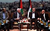Hamas and Fatah leaders meeting in Gaza for talks on Palestinian reconciliation on April 22, 2014. (Abed Rahim Khatib/Flash90)