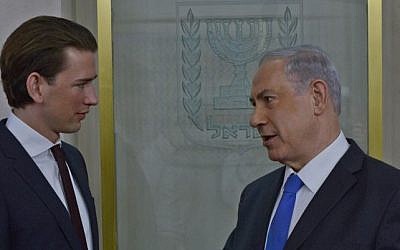 Prime Minister Benjamin Netanyahu meets with Austrian Foreign Minister Sebastian Kurz in Jerusalem on April 23, 2014. (photo credit: Kobi Gideon/GPO/Flash 90)