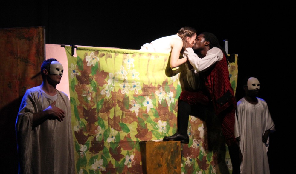 Romeo (played by Natey Jones) and Juliet (played by Georgie Ashworth) kiss during the balcony scene — one of Jones' favorite scenes — in a production of Romeo and Juliet in Tel Aviv. Keeping the young, religious audience in mind, organizers proposed the actors keep the kissing light. (Rebecca McKinsey/Times of Israel)