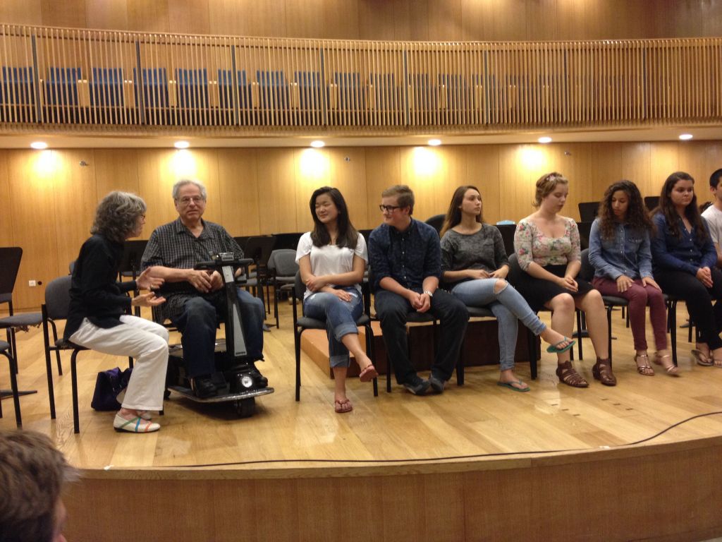 The Perlmans and some of their Perlman Music Program students, who have ventured from Norway, the US, Vancouver and Australia, to spend time with the violinist (photo credit: Jessica Steinberg/Times of Israel)