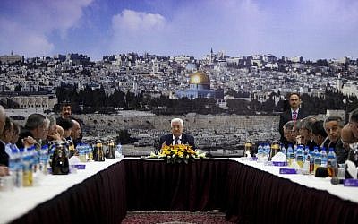 Palestinian Authority President Mahmoud Abbas talks during a leadership meeting in Ramallah, April 1, 2014. (AP/Majdi Mohammed)