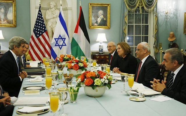 In this July 29, 2013 file photo, Secretary of State John Kerry, left, sits across from Israeli and Palestinian negotiators at the State Department in Washington. (AP/Charles Dharapak, File) In this July 29, 2013 file photo, Secretary of State John Kerry, left, sits across from Israeli and Palestinian negotiators at the State Department in Washington. (AP/Charles Dharapak, File)
