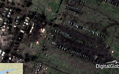 This satellite image made on March 22, 2014 shows what is purported to be a Russian military airborne or Spetznaz (Special Forces) brigade at Yeysk, some 20 miles from the Ukrainian coast (photo credit: AP/DigitalGlobe via SHAPE)