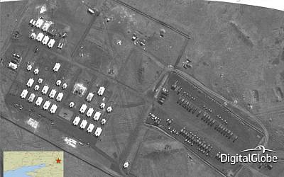 This satellite image made on March 27, 2014 shows what is purported to be a Russian artillery battalion at a military base near Novocherkassk, east of the Sea of Azov, southern Russia. (photo credit: AP/DigitalGlobe via SHAPE)