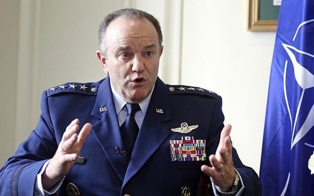 NATO Supreme Allied Commander Europe, US Air Force General Philip Breedlove gestures during an interview with the Associated Press in Paris, on Wednesday (photo credit: AP/Remy de la Mauviniere) NATO Supreme Allied Commander Europe, US Air Force General Philip Breedlove gestures during an interview with the Associated Press in Paris, on Wednesday (photo credit: AP/Remy de la Mauviniere)