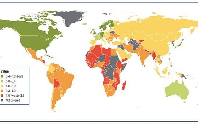 The Global Information Technology Report's Network Readiness Index map (Photo credit: Courtesy) The Global Information Technology Report's Network Readiness Index map (Photo credit: Courtesy)
