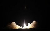 Israel's Ofek-10 satellite takes off from Palmachim air base in central Israel on April 9, 2014. (Ministry of Defense and Israel Aerospace Industries)