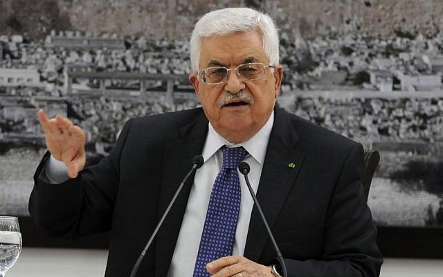 Palestinian Authority President Mahmoud Abbas meeting with journalists in Ramallah a day before his Fatah faction signed a reconciliation agreement with Hamas, April 22, 2014. (Palestinian Press Office via Getty Images/JTA/File) Palestinian Authority President Mahmoud Abbas meeting with journalists in Ramallah a day before his Fatah faction signed a reconciliation agreement with Hamas, April 22, 2014. (Palestinian Press Office via Getty Images/JTA/File)