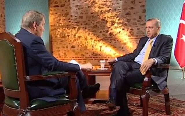 Turkish Prime Minister Recep Tayyip Erdogan in an interview with Charlie Rose, April 28 2014. (screen capture: YouTube) Turkish Prime Minister Recep Tayyip Erdogan in an interview with Charlie Rose, April 28 2014. (screen capture: YouTube)