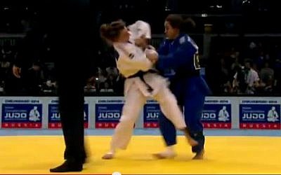 Illustrative screen shot of Gili Cohen (blue) competing. (photo credit: YouTube screen capture)