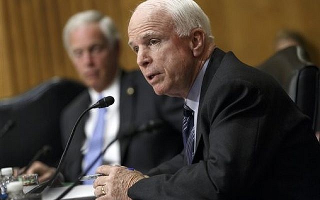 Senator John McCain, R-Arizona, on Capitol Hill in Washington, April 8, 2014 (photo credit: AP/J. Scott Applewhite) Senator John McCain, R-Arizona, on Capitol Hill in Washington, April 8, 2014 (photo credit: AP/J. Scott Applewhite)