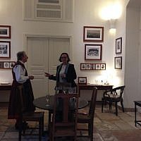 Rachel Lev (right), the curator of the collection, with 
Skans Victoria Airey, the Nås Historical Society 
Archive historian (photo credit: Jessica Steinberg/Times of Israel)