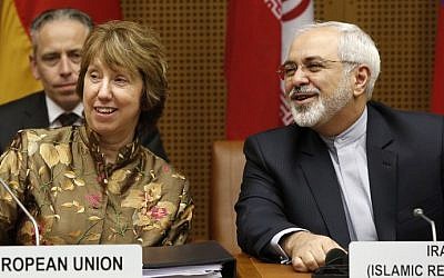 Vice President of the European Commission Catherine Margaret Ashton (L) and Iranian Foreign Minister Javad Mohammad Zarif attend the so called EU 5+1 talks with Iran at the UN headquarters in Vienna, on May 14, 2014. (photo credit: AFP Photo/Dieter Nagl) Vice President of the European Commission Catherine Margaret Ashton (L) and Iranian Foreign Minister Javad Mohammad Zarif attend the so called EU 5+1 talks with Iran at the UN headquarters in Vienna, on May 14, 2014. (photo credit: AFP Photo/Dieter Nagl)