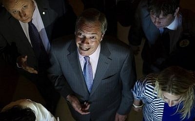 UK Independence Party (UKIP) leader Nigel Farage attends the Southampton Guildhall announcement of the South East England region results from the European Parliament elections in Southampton, southern England, on May 25, 2014. (Photo credit: AFP/Carl Court) UK Independence Party (UKIP) leader Nigel Farage attends the Southampton Guildhall announcement of the South East England region results from the European Parliament elections in Southampton, southern England, on May 25, 2014. (Photo credit: AFP/Carl Court)