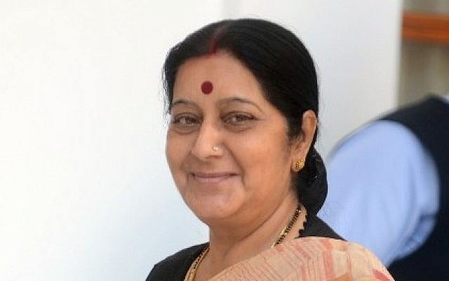 India's new Minister of External Affairs Sushma Swaraj in New Delhi on May 27, 2014. (photo credit: AFP PHOTO/RAVEENDRAN) India's new Minister of External Affairs Sushma Swaraj in New Delhi on May 27, 2014. (photo credit: AFP PHOTO/RAVEENDRAN)