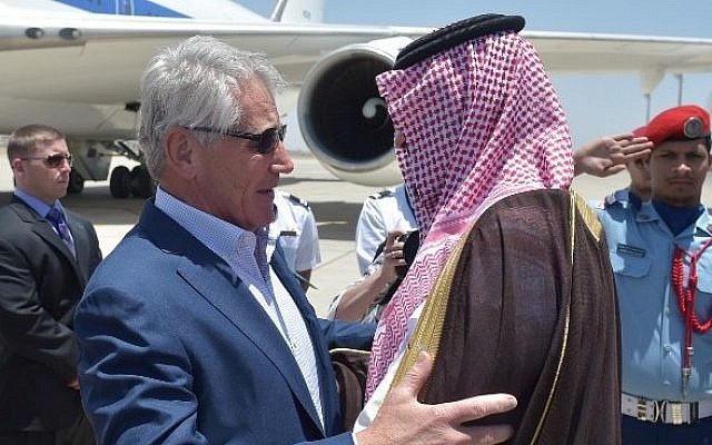 US Defense Secretary Chuck Hagel (L) is welcomed by Saudi Deputy Defense Minister Salman bin Sultan upon his arrival at Jeddah's King Abdulaziz International Airport on Tuesday, May 13, 2014. (photo credit: Mandel Ngan/AFP) US Defense Secretary Chuck Hagel (L) is welcomed by Saudi Deputy Defense Minister Salman bin Sultan upon his arrival at Jeddah's King Abdulaziz International Airport on Tuesday, May 13, 2014. (photo credit: Mandel Ngan/AFP)