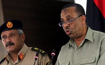 Libya's interim premier Abdullah al-Thani, speaks during a press conference in Tripoli on the security situation in the country's eastern coastal city of Benghazi on May 16, 2014 (AFP/Mahmud Turkia)