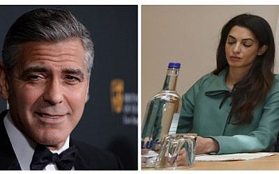 US actor George Clooney (L) attending the 2013 BAFTA LA Jaguar Britannia Awards presented by BBC America at The Beverly Hilton Hotel on November 9, 2013. Laywer Amal Alamuddin (R) attending a press conference in London on November 5, 2012. (photo credit: (photo credit: AFP PHOTO/JOE KLAMAR/JUSTIN TALLIS)