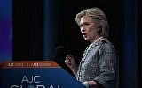 Former US secretary of state Hillary Clinton addresses the American Jewish Committee Global Forum on Wednesday, May 14, 2014 (photo credit: Alex Wong/Getty Images/AFP)
