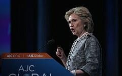 Former US secretary of state Hillary Clinton addresses the American Jewish Committee Global Forum on Wednesday, May 14, 2014 (photo credit: Alex Wong/Getty Images/AFP)