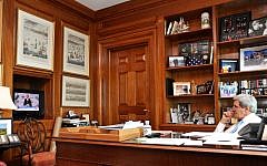 John Kerry watching Barack Obama deliver a major policy address on Wednesday, May 28, 2014. (photo credit: US State Department)
