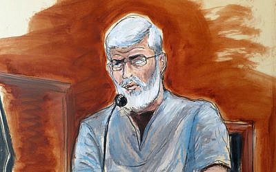 In this courtroom drawing, Mustafa Kamel Mustafa, testifies in his own defense at federal court in New York, Wednesday, May 7, 2014. (photo credit: AP/Elizabeth Williams)