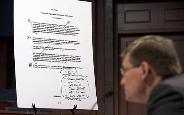 An unclassified talking points document is shown as former CIA Deputy Director Michael Morell testifies on Capitol Hill in Washington, Wednesday, April 2, 2014, before the House Intelligence Committee. (photo credit: AP/Manuel Balce Ceneta) An unclassified talking points document is shown as former CIA Deputy Director Michael Morell testifies on Capitol Hill in Washington, Wednesday, April 2, 2014, before the House Intelligence Committee. (photo credit: AP/Manuel Balce Ceneta)
