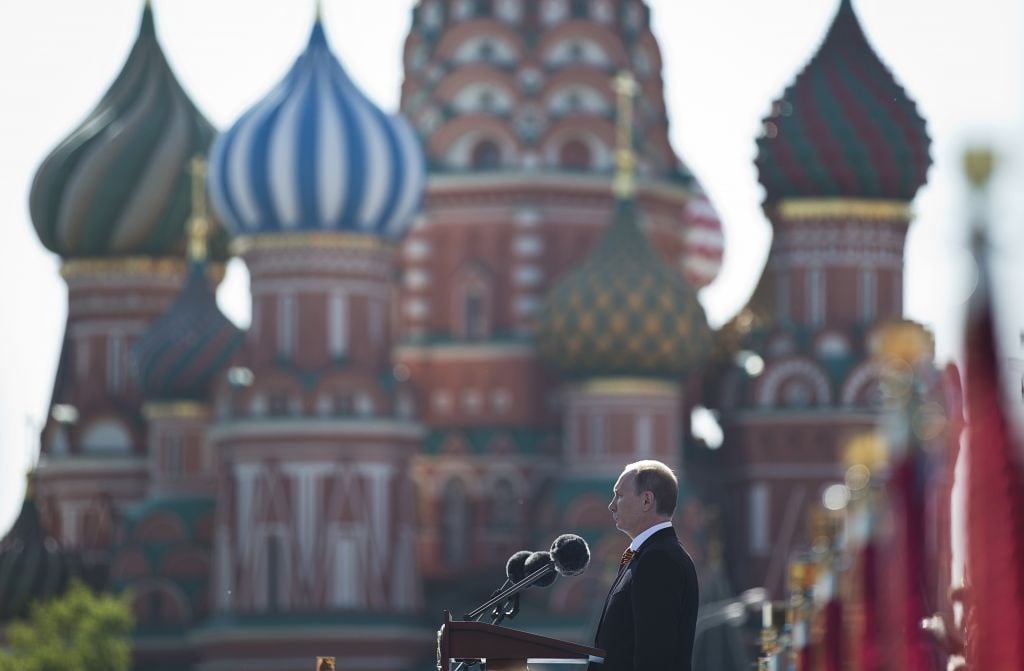 Vladimir Putin speaks during a Victory Day Parade in Red Square, with St. Basil Cathedral in the background, in Moscow, Russia, in May (photo credit: AP/Pavel Golovkin) Vladimir Putin speaks during a Victory Day Parade in Red Square, with St. Basil Cathedral in the background, in Moscow, Russia, in May (photo credit: AP/Pavel Golovkin)