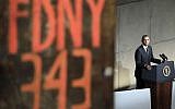 President Barack Obama speaks at the dedication ceremony for the National September 11 Memorial Museum on Thursday, May 15, 2014 in New York. The museum opens to the public on May 21. (photo credit: AP/John Angelillo, Pool)