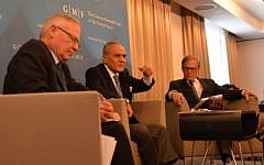 Saudi Prince Turki bin Faisal Al Saud (center) and Amos Yadlin (left) speak May 26, 2014 in Brussels, with David Ignatius at right (photo credit: JTA)