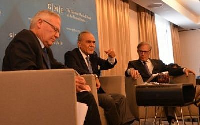 Saudi Prince Turki bin Faisal Al Saud (center) and Amos Yadlin (left) speak May 26, 2014 in Brussels, with David Ignatius at right (photo credit: JTA) Saudi Prince Turki bin Faisal Al Saud (center) and former head of Israel's Military Intelligence Amos Yadlin (left) share stage in Brussels on May 26, 2014, with Washington Post columnist David Ignatius on the right (photo credit: JTA)