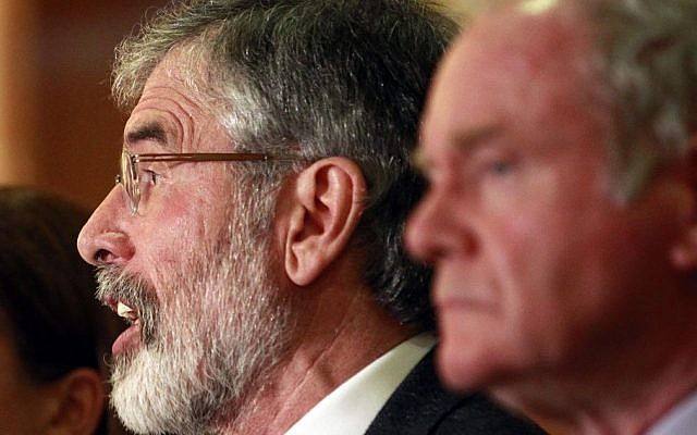 Sinn Fein party leader Gerry Adams speaks to the media in West Belfast, Northern Ireland, Sunday May 4, 2014. (Photo credit: AP/Peter Morrison) Sinn Fein party leader Gerry Adams speaks to the media in West Belfast, Northern Ireland, Sunday May 4, 2014. (Photo credit: AP/Peter Morrison)