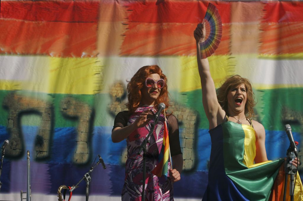 A drag queen performs onstage during a gay rally at the Hebrew University's Givat Ram stadium in Jerusalem, November 10, 2006. (photo credit: Michal Fattal / Flash90) A drag queen performs onstage during a gay rally at the Hebrew University's Givat Ram stadium in Jerusalem, November 10, 2006. (photo credit: Michal Fattal / Flash90)