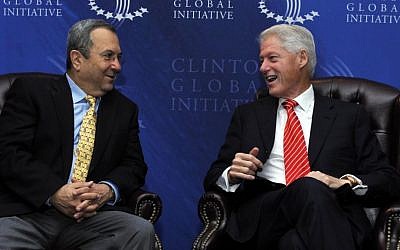 Then-defense minister Ehud Barak, left, with former US president Bill Clinton at the Clinton Global Initiative conference in New York, Sept. 21, 2010 (photo credit: Ariel Hermoni/Ministry of Defense/Flash90)