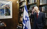 Shimon Peres, in his office at the president's residence in Jerusalem. March 27, 2014. (Photo credit: Miriam Alster/FLASH90)