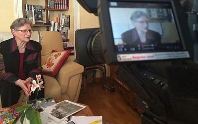In this photo dated May 14, 2014, Andree Auvray answers question during an interview with the Associated Press in Sainte Mere Eglise in Normandy, France. (AP Photo/Nicolas Garriga)