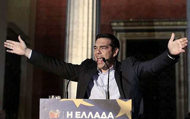Syriza party and main opposition leader Alexis Tsipras delivers a speech to his supporters in Athens, May 26, 2014. (photo credit: AP/Thanassis Stavrakis) Syriza party and main opposition leader Alexis Tsipras delivers a speech to his supporters in Athens, May 26, 2014. (photo credit: AP/Thanassis Stavrakis)