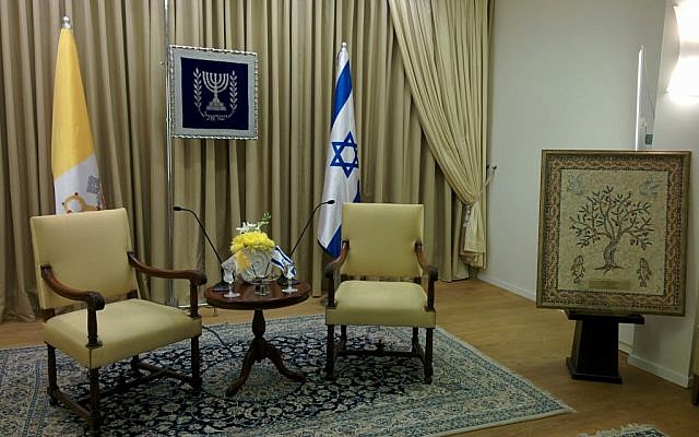 The room where Peres and the pope will meet. On the left is a mosaic made by Galilee children which will be presented to Francis. (photo credit: Haviv Rettig Gur / Times of Israel)