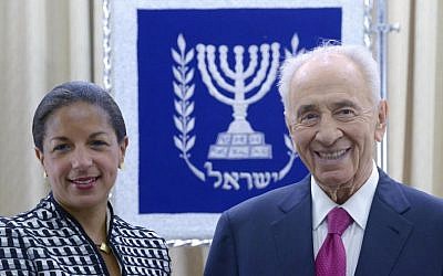 President Shimon Peres with US National Security Advisor Susan Rice, May 7, 2014. (photo credit: Mark Neiman/GPO)