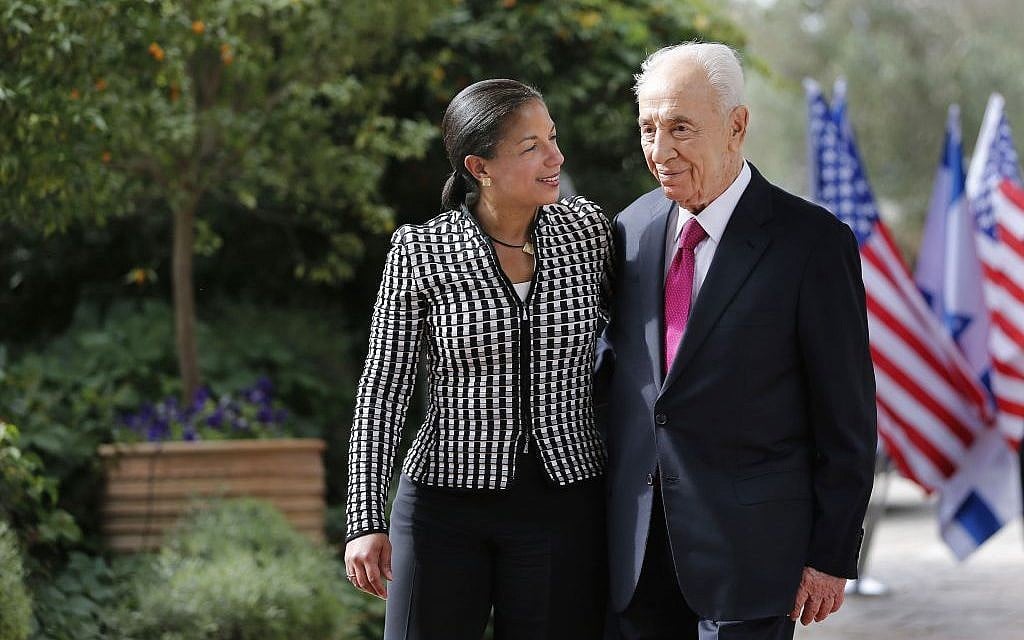 President Shimon Peres welcomes US National Security Adviser Susan Rice before their meeting at the Israeli presidential conference in Jerusalem, Wednesday, May 7, 2014. (Photo credit: AP Photo/Tsafrir Abayov)