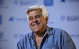 American comedian Jay Leno reacts during an interview with the Associated Press in Jerusalem, May 21, 2014. (AP/Sebastian Scheiner)