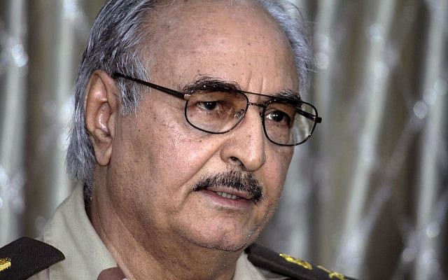 Libyan Gen. Khalifa Hifter addresses a press conference in Benghazi, Libya. May 17, 2014 (photo credit: AP Photo/Mohammed el-Shaiky)