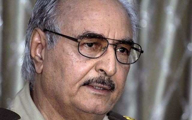In this Saturday, May 17, 2014 photo, Libyan Gen. Khalifa Hifter addresses a press conference in Benghazi, Libya. (Photo credit: AP/Mohammed el-Shaiky) In this Saturday, May 17, 2014 photo, Libyan Gen. Khalifa Hifter addresses a press conference in Benghazi, Libya. (Photo credit: AP/Mohammed el-Shaiky)