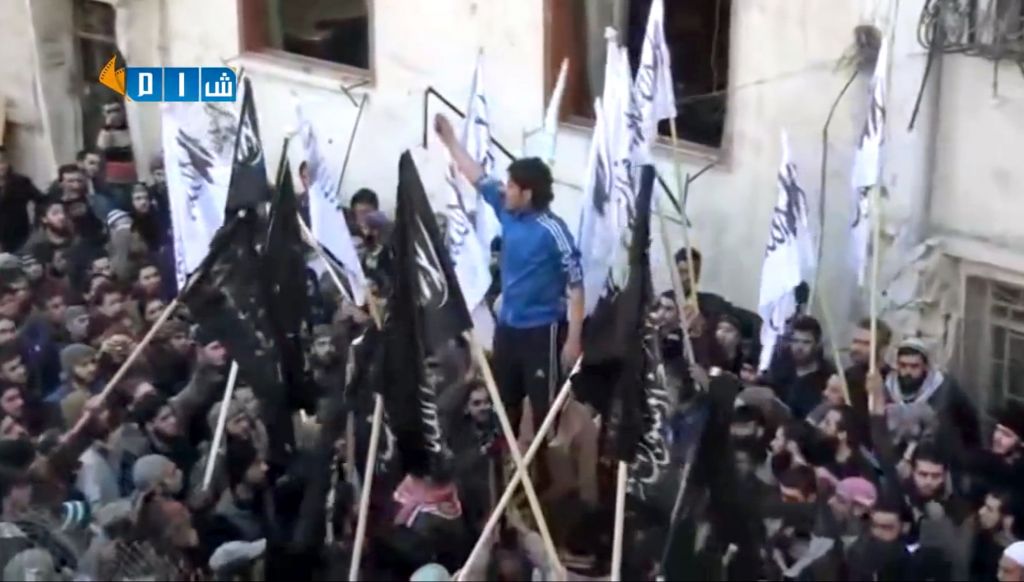 Amateur video image shows revolutionary goalkeeper Abdelbasit Sarout chanting slogans during a demonstration in Homs, Syria,Feb. 13, 2014. (AP/Shaam News Network via AP video) Amateur video image shows revolutionary goalkeeper Abdelbasit Sarout chanting slogans during a demonstration in Homs, Syria,Feb. 13, 2014. (AP/Shaam News Network via AP video)