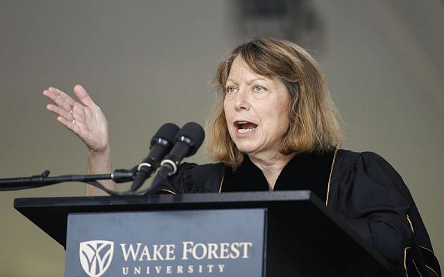 Jill Abramson, former executive editor of The New York Times, speaks at the commencement ceremony at Wake Forest University in Winston-Salem,N.C., Monday, May 19, 2014. "What's next for me? I don't know. So I'm in exactly the same boat as many of you," Abramson told the Class of 2014 Monday morning. The Times announced last week that Abramson was being replaced by managing editor Dean Baquet. (photo credit: AP/Nell Redmond) Jill Abramson, former executive editor of The New York Times, speaks at the commencement ceremony at Wake Forest University in Winston-Salem,N.C., Monday, May 19, 2014. "What's next for me? I don't know. So I'm in exactly the same boat as many of you," Abramson told the Class of 2014 Monday morning. The Times announced last week that Abramson was being replaced by managing editor Dean Baquet. (photo credit: AP/Nell Redmond)