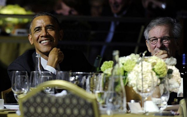 President Barack Obama, left, sits next to movie director Steven Spielberg, right, during the USC Shoah Foundation’s 20th anniversary Ambassadors for Humanity gala in Los Angeles, Thursday, May 8, 2014. (photo credit: AP/Susan Walsh) President Barack Obama, left, sits next to movie director Steven Spielberg, right, during the USC Shoah Foundation’s 20th anniversary Ambassadors for Humanity gala in Los Angeles, Thursday, May 8, 2014. (photo credit: AP/Susan Walsh)