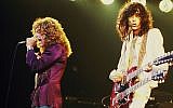 Led Zeppelin's Robert Plant (left) and Jimmy Page in concert in 1977. (photo credit: Wikipedia Commons/ Jim Summaria, http://www.jimsummariaphoto.com)