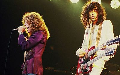 Led Zeppelin's Robert Plant (left) and Jimmy Page in concert in 1977. (photo credit: Wikipedia Commons/ Jim Summaria, http://www.jimsummariaphoto.com)